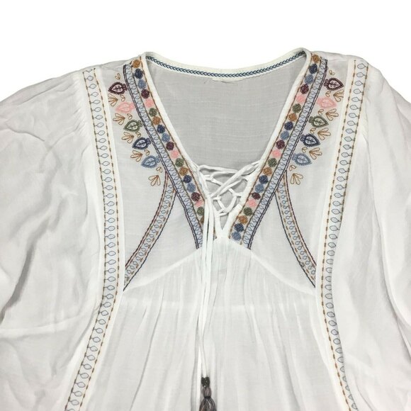 Women Whites Embroidered Multi Tassel Tie V-neckline Lace Up Peasant Top M - Picture 3 of 10